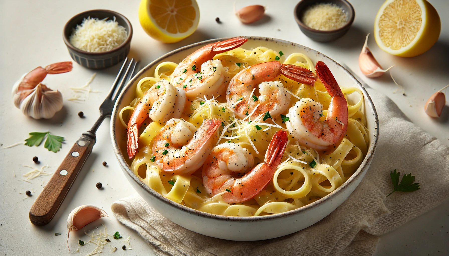 Creamy Garlic Shrimp Pasta with fresh parsley garnish.