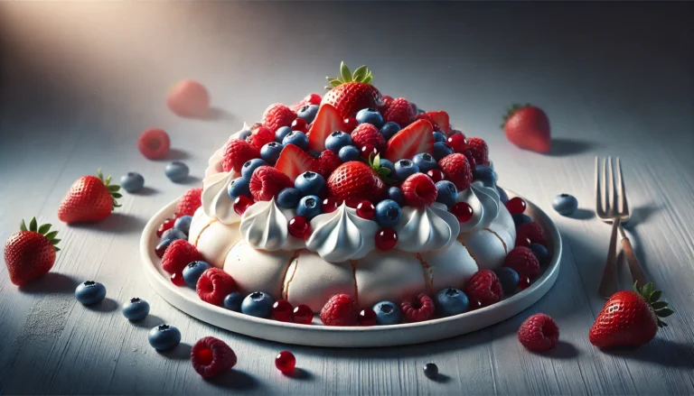 Summer Berry Pavlova recipe topped with whipped cream and fresh strawberries, raspberries, and blueberries.