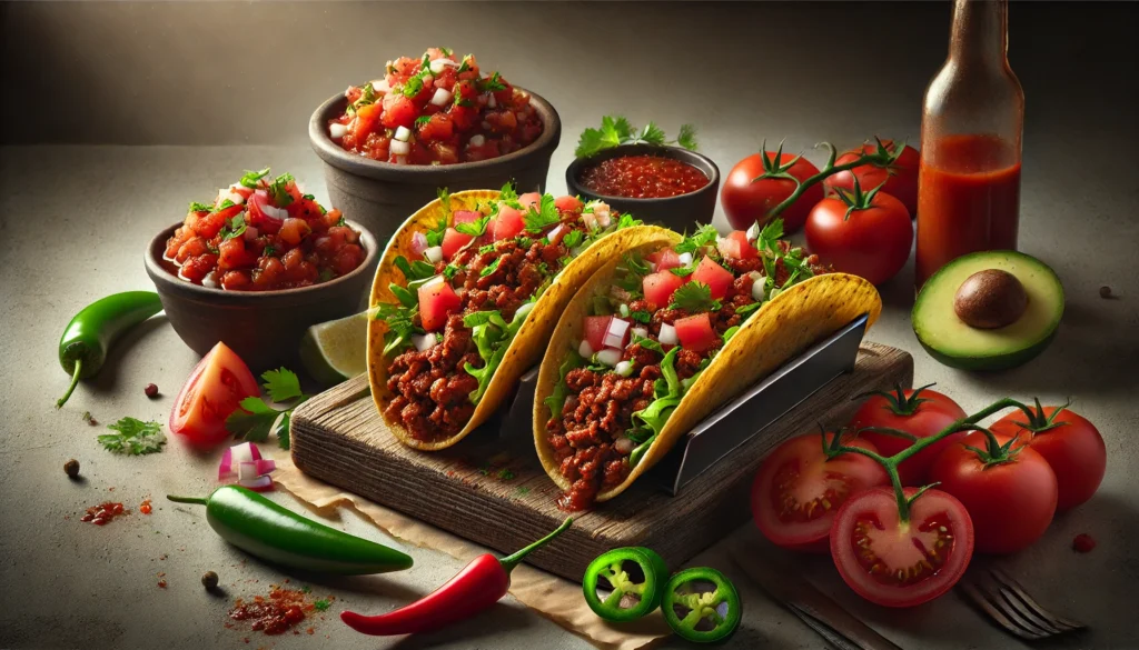 Close-up of a taco filled with seasoned ground beef and fresh salsa.