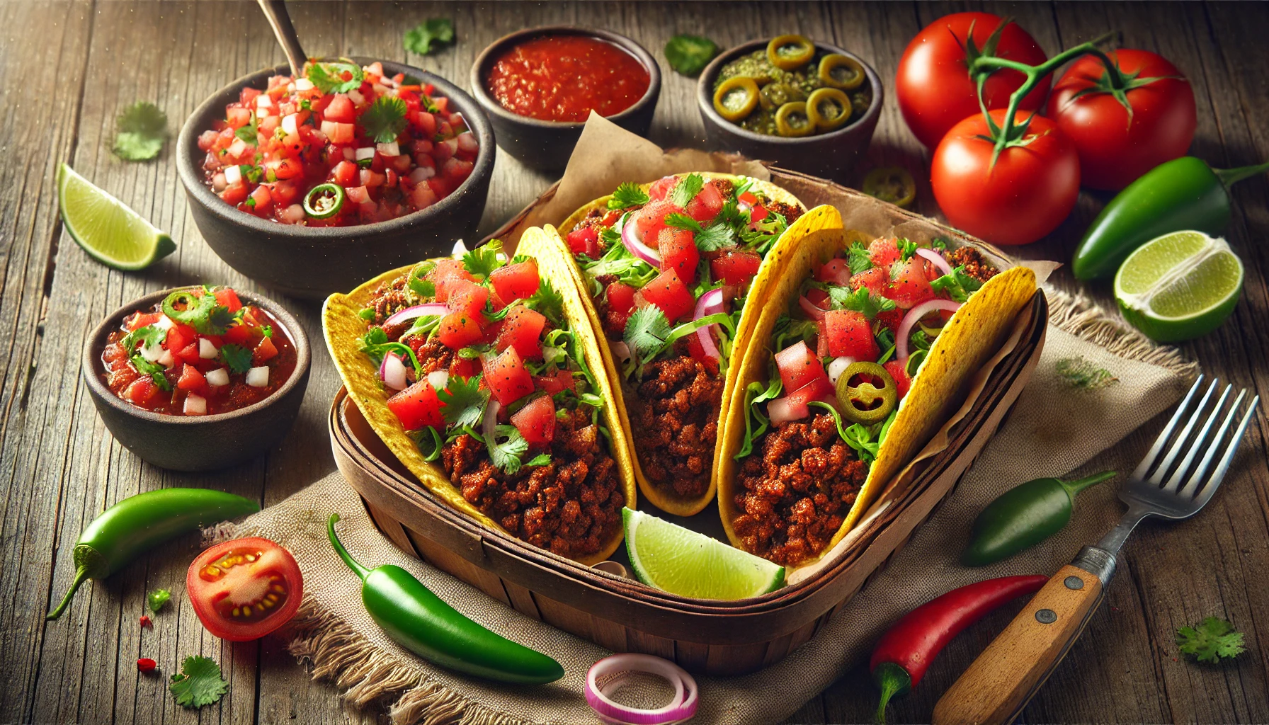 Spicy beef tacos topped with fresh salsa on a wooden serving board.