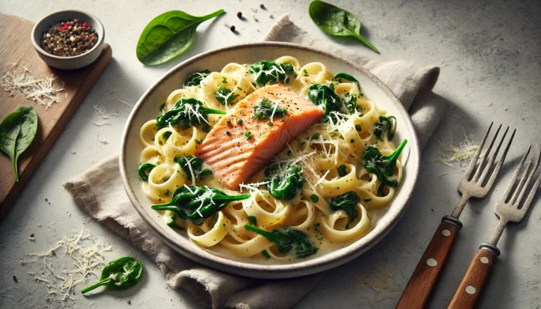 Creamy salmon and spinach pasta garnished with Parmesan cheese on a white plate.