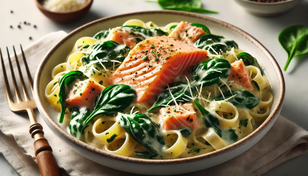 Close-up of salmon pasta with fresh spinach and a creamy sauce.