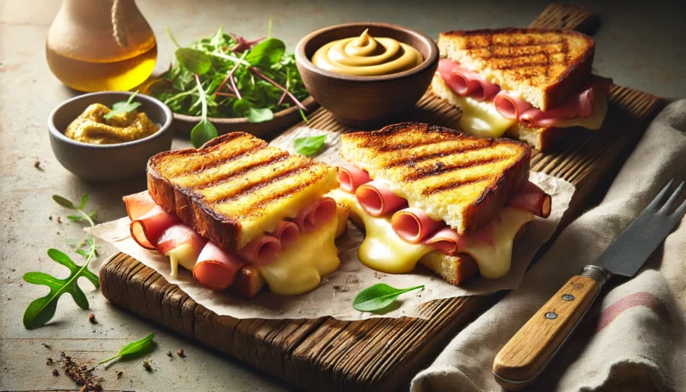 Gourmet ham and grilled cheese sandwiches with melted cheese and crispy bread.