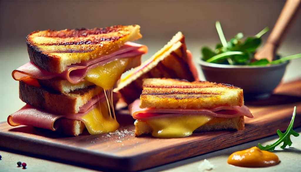 Close-up of a grilled cheese sandwich with ham, served with a side of tomato soup.