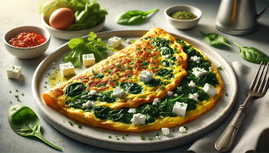 Close-up of a freshly made spinach and feta omelette in a skillet.