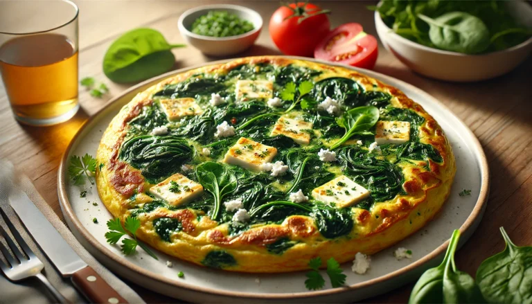 Savory spinach and feta omelette served on a white plate with a side of toast.