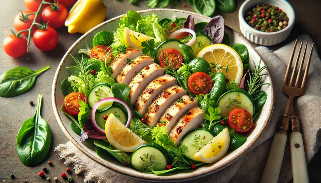 Close-up of sliced grilled chicken breast, a key ingredient in Zesty Lemon Chicken Salad.