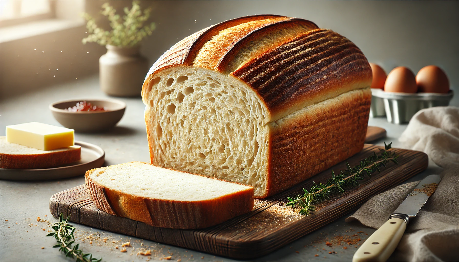 Loaf of homemade sandwich bread, golden brown and freshly baked.