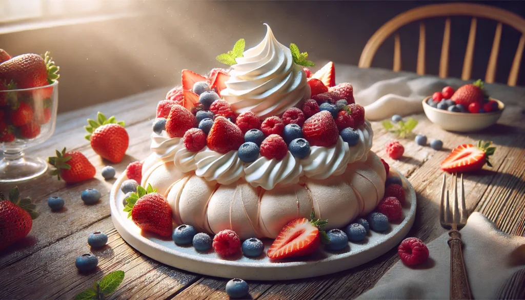 Close-up of a crispy meringue base with whipped cream and fresh summer berries on top of a pavlova.