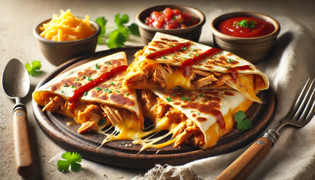 Crispy tortilla filled with BBQ chicken and melted cheese for the ultimate BBQ Chicken Quesadilla.