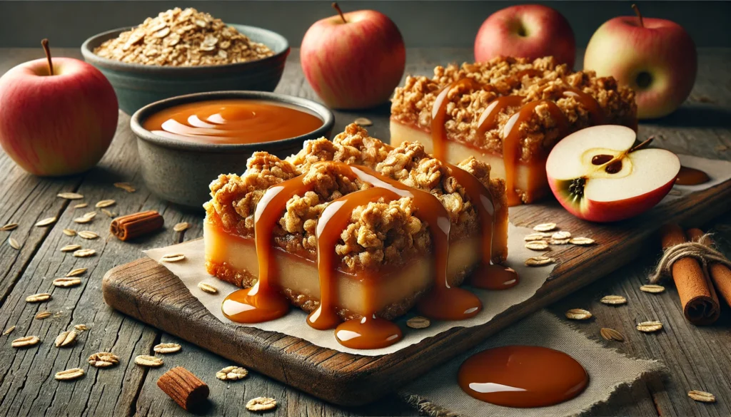 A close-up of the gooey caramel drizzle over freshly baked Caramel Apple Crisp Bars.