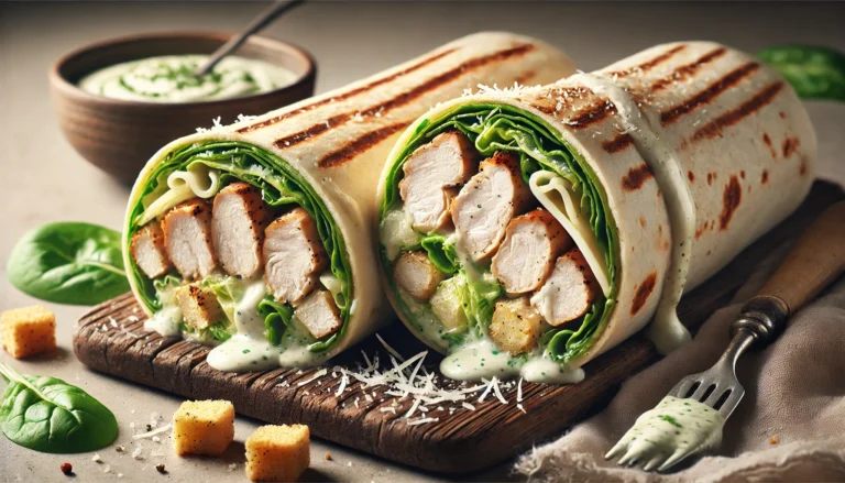 Chicken Caesar Wrap with grilled chicken, fresh lettuce, and Parmesan cheese wrapped in a tortilla.