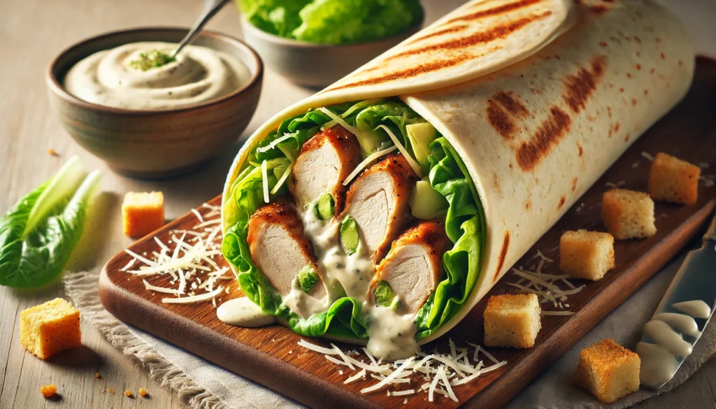 Close-up of a sliced Chicken Caesar Wrap showing juicy chicken and fresh ingredients.