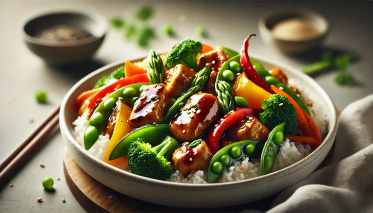 Chicken and Veggie Stir-Fry with colorful bell peppers, broccoli, and snap peas in a savory sauce