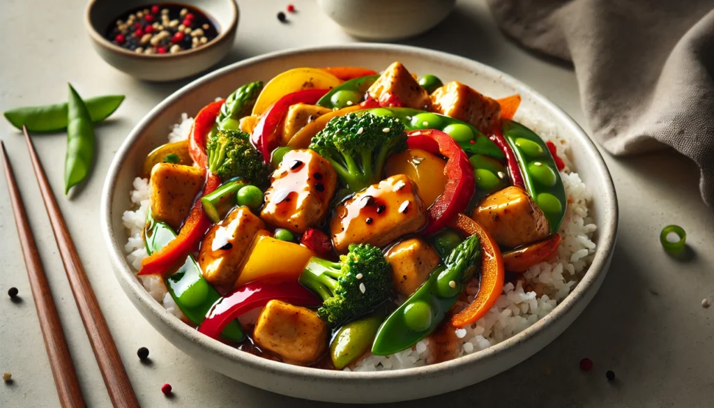 Best Chicken and Veggie Stir-Fry served over steamed rice in a bowl.