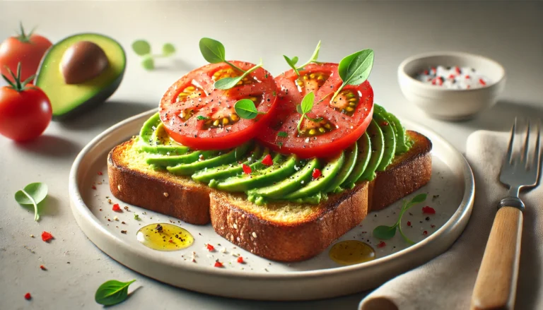 Crunchy Avocado and Tomato Toast garnished with olive oil and fresh herbs.