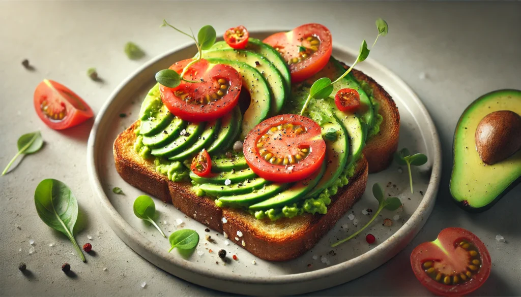 Close-up of creamy avocado and juicy tomato slices on toasted bread.