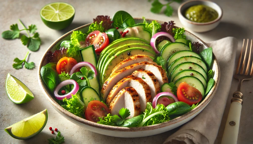 Close-up of Grilled Chicken Salad with sliced avocado and tomatoes.