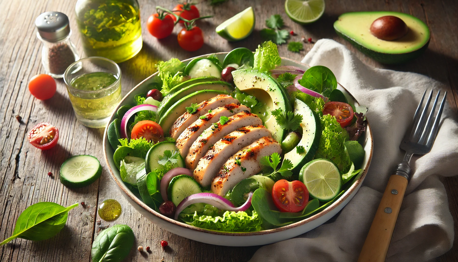 Grilled Chicken Salad with avocado, lime dressing, and fresh mixed greens.