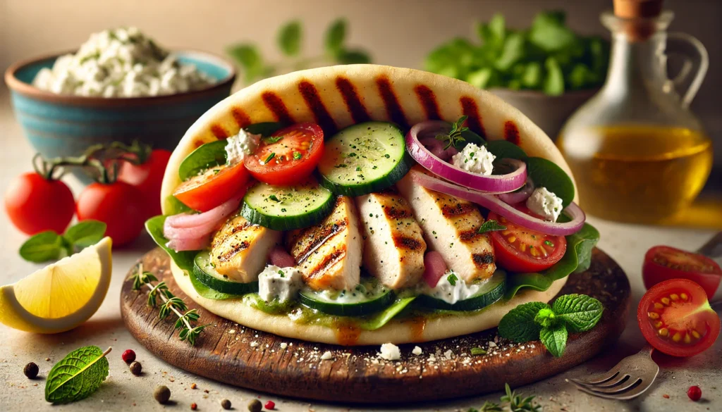 Delicious ingredients for Mediterranean chicken pita pocket, including tomatoes, cucumber, and feta cheese.