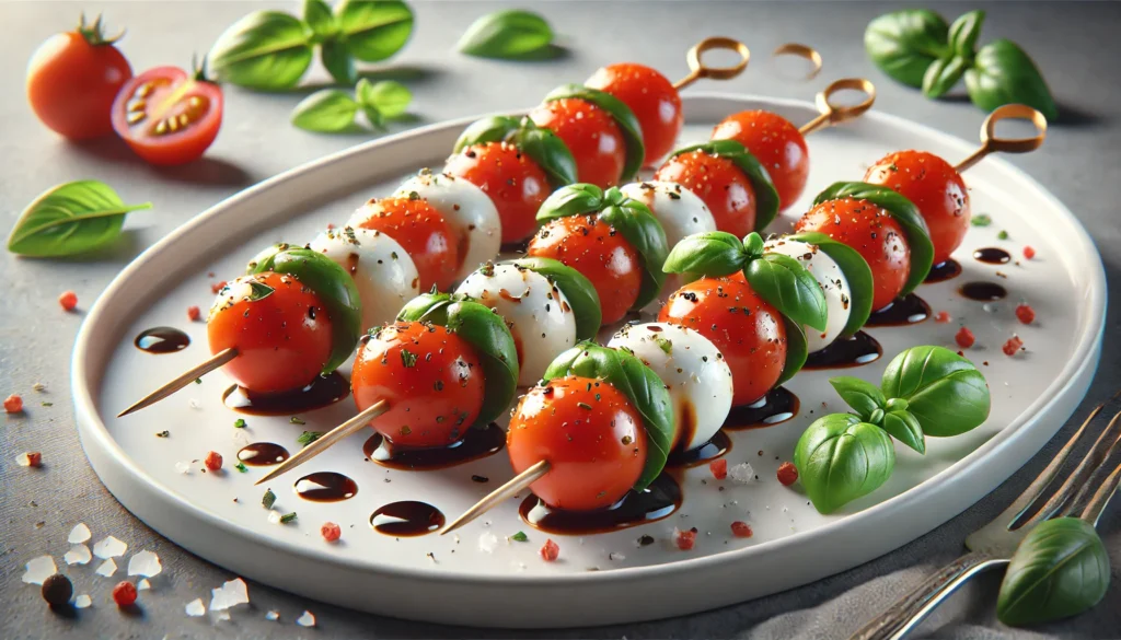 Freshly assembled Mini Caprese Skewers arranged on a serving plate, perfect for appetizers or party snacks.