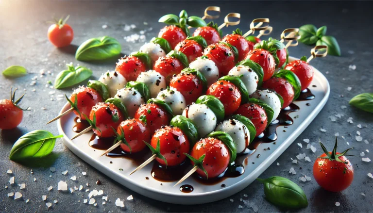 Mini Caprese Skewers with cherry tomatoes, mozzarella, and basil drizzled with olive oil and balsamic glaze